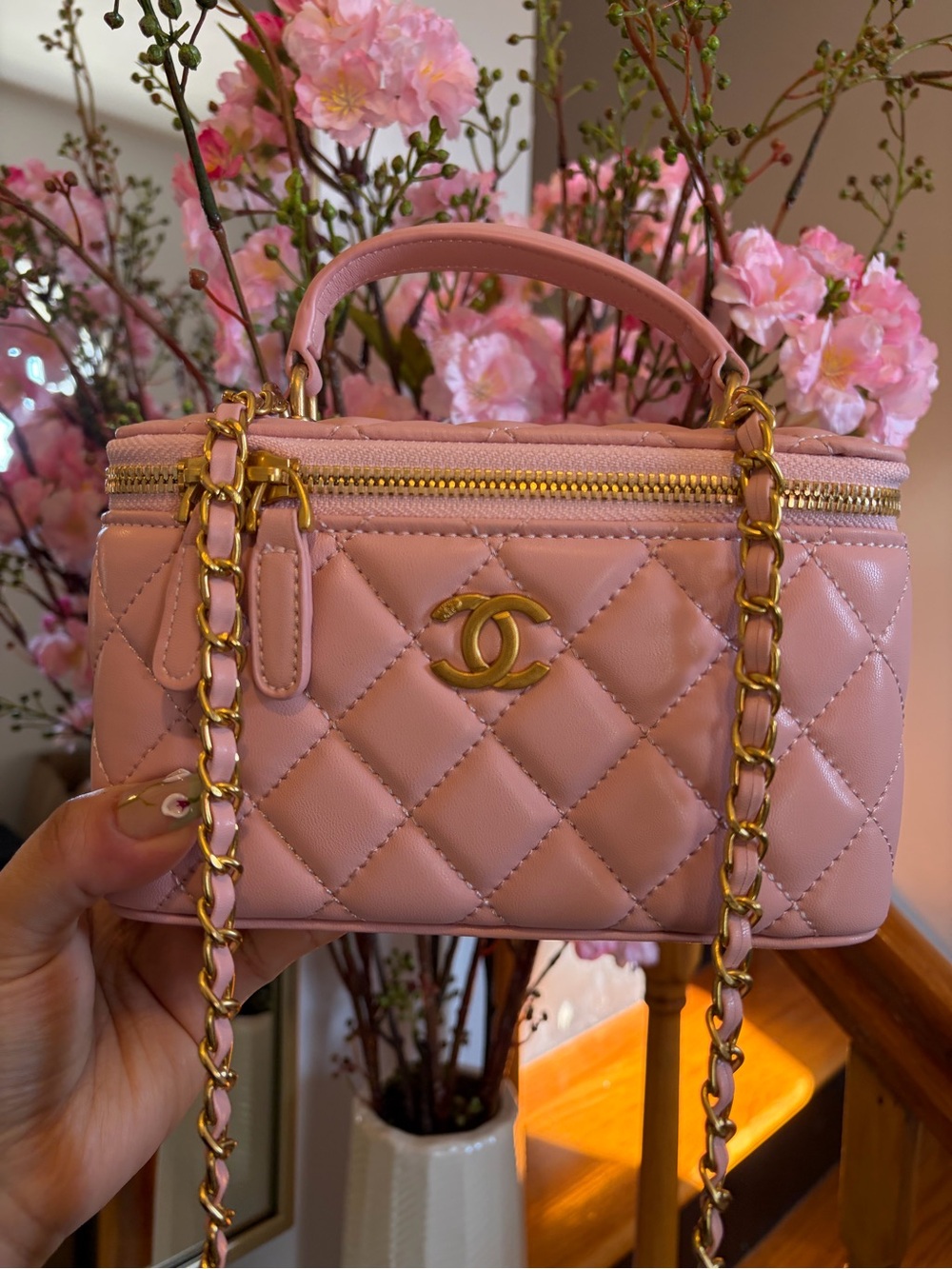 Pink Quilted VIP Vanity Crossbody Bag w/ Mirror + Branded Shopping Bag
